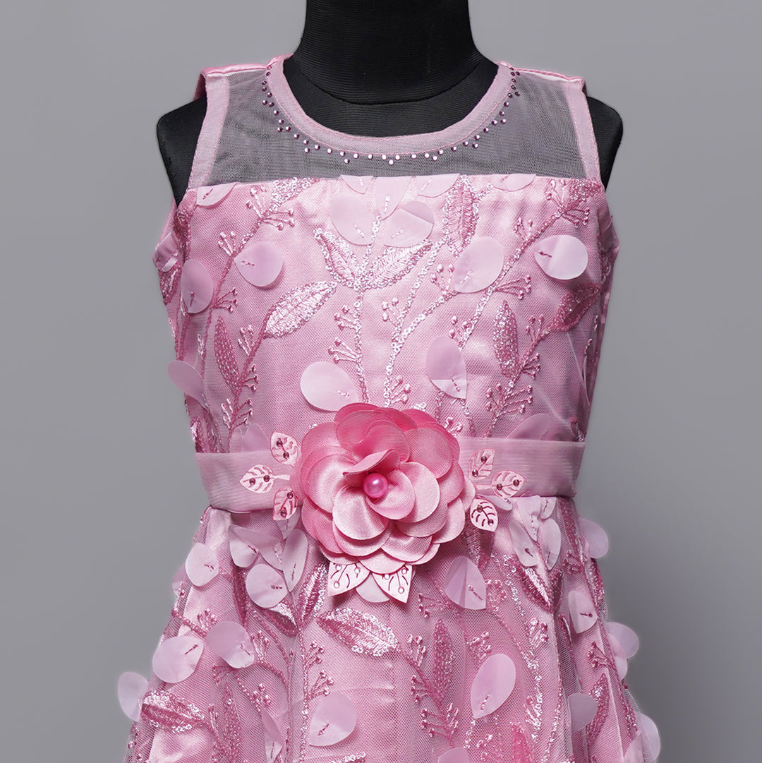 Pink Designer Gown For Kids Close Up View