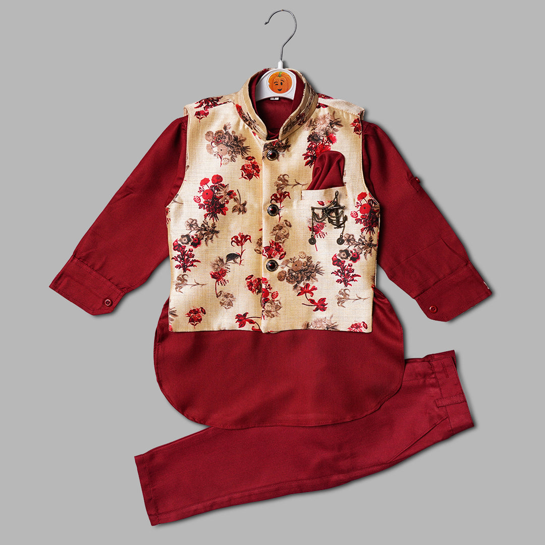 Wine Boys Pathani Kurta Pajama with Jacket Front View