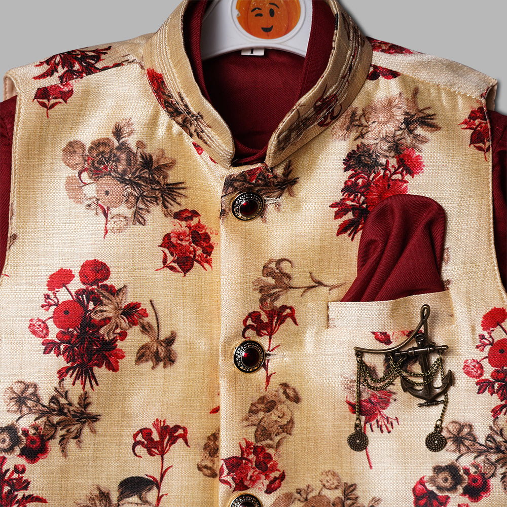Wine Boys Pathani Kurta Pajama with Jacket Close Up View