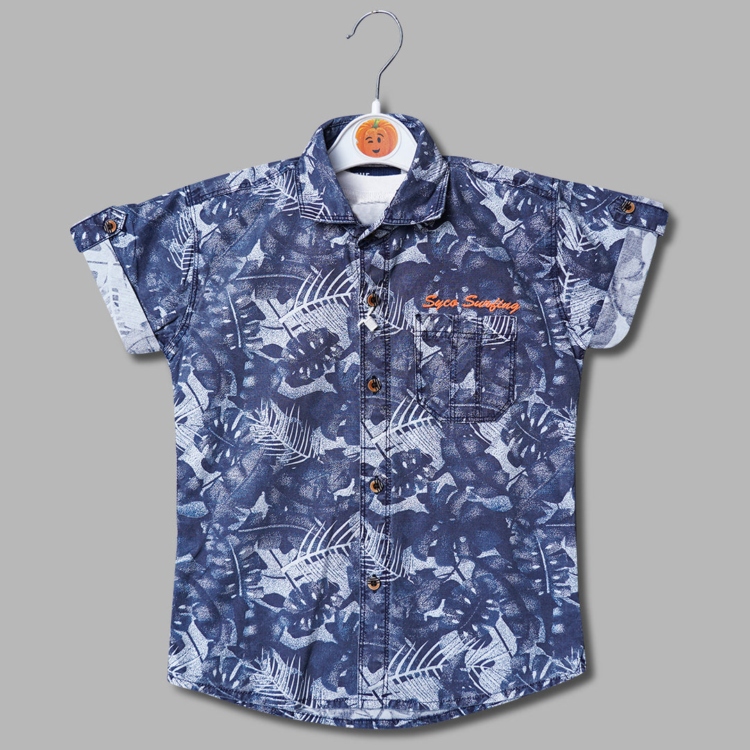 Blue Leaf Print Shirt for Boys Front View