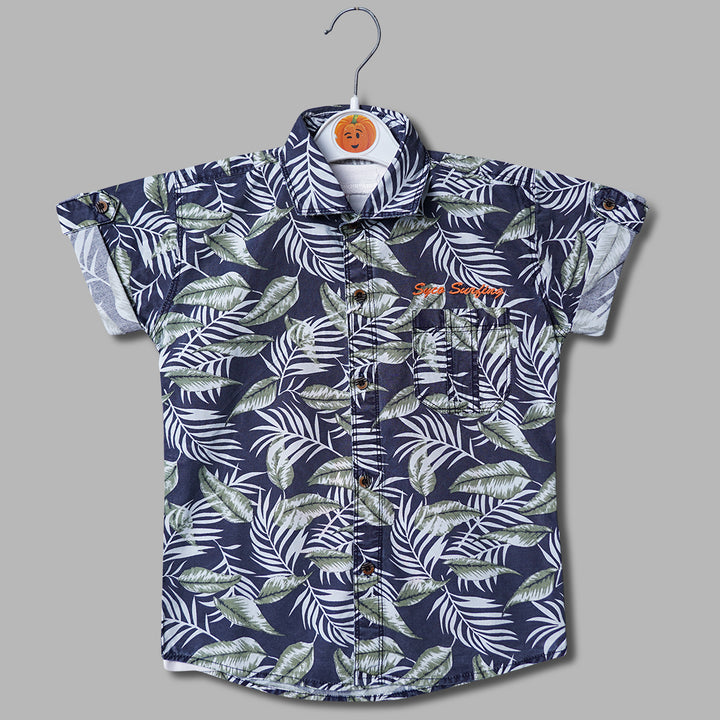 Blue Leaf Print Shirt for Boys Variant Front View