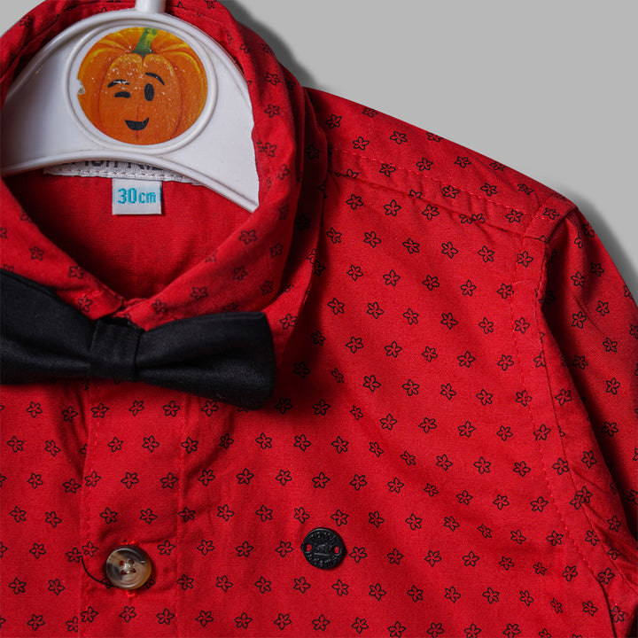 Red Flower Print Bow Attached Shirt for Boys Close Up View