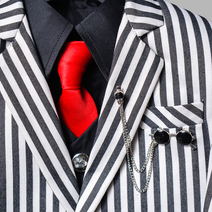 Black & White Striped Boys Suit Close Up View