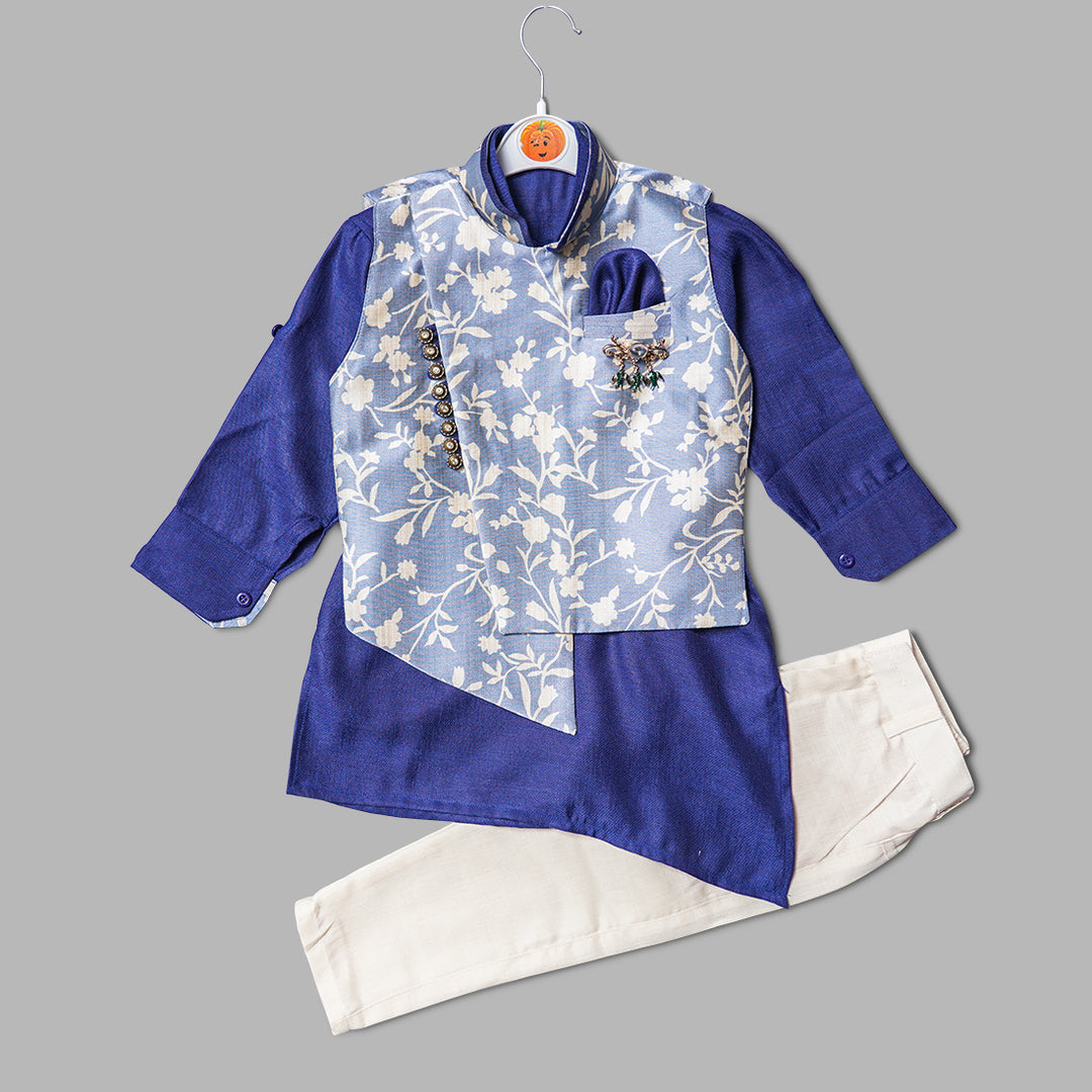 Blue Boys Kurta Pajama with Floral Design Jacket Front View