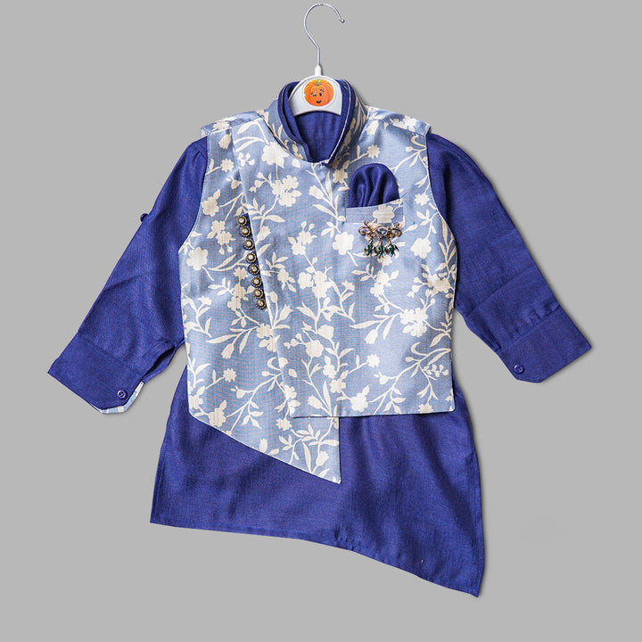 Blue Boys Kurta Pajama with Floral Design Jacket Top View