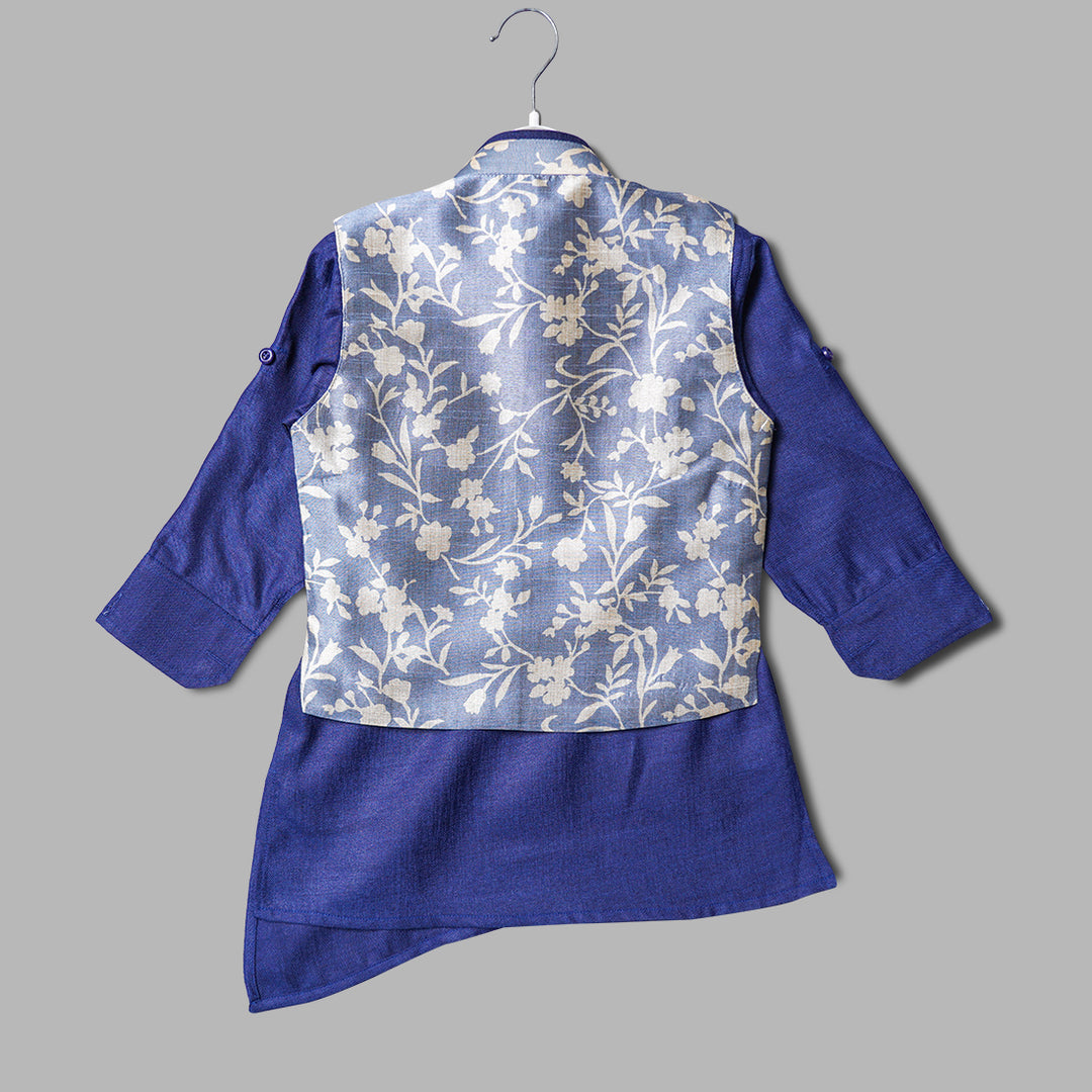 Blue Boys Kurta Pajama with Floral Design Jacket Back View