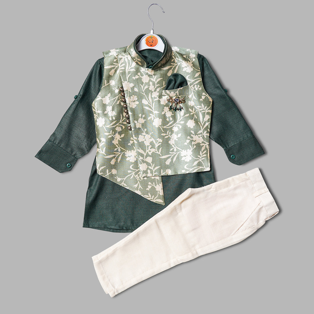 Green Boys Kurta Pajama with Floral Design Jacket Front View