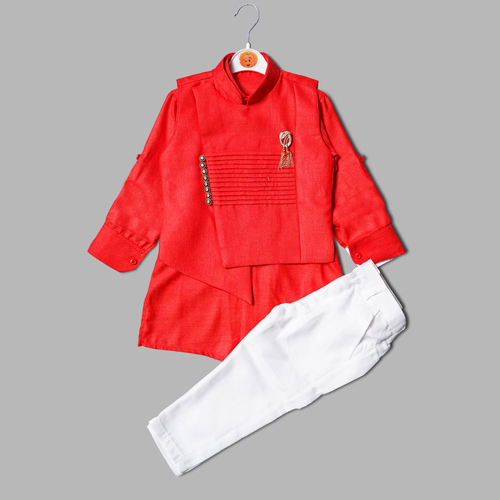 Red & Green Boys Kurta Pajama with Jacket Variant Front View