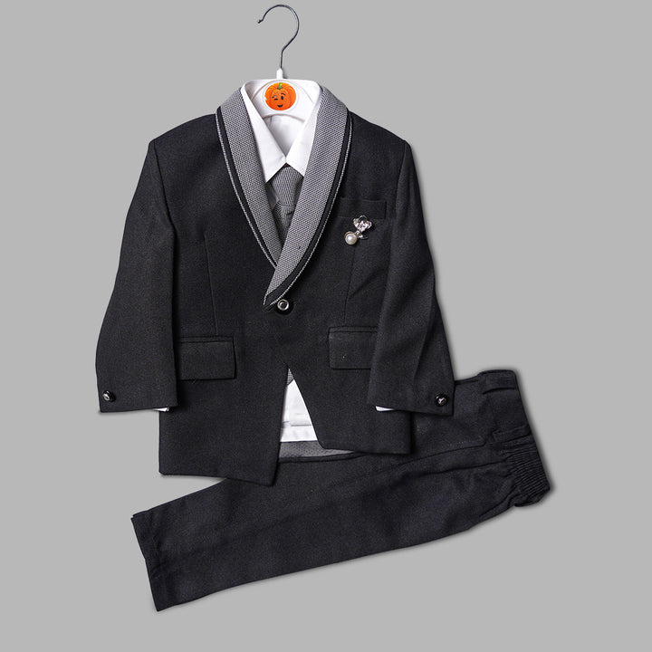Black Party Wear Boys Suit with Pearl Brooch Front View