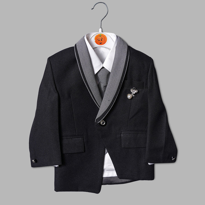 Black Party Wear Boys Suit with Pearl Brooch Top View