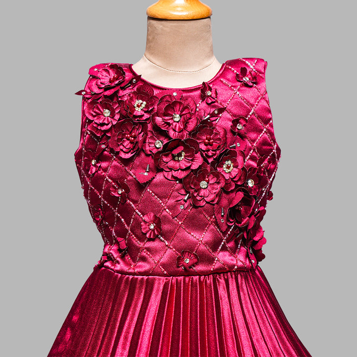 Maroon Floral Embossed Girls Gown Close Up View