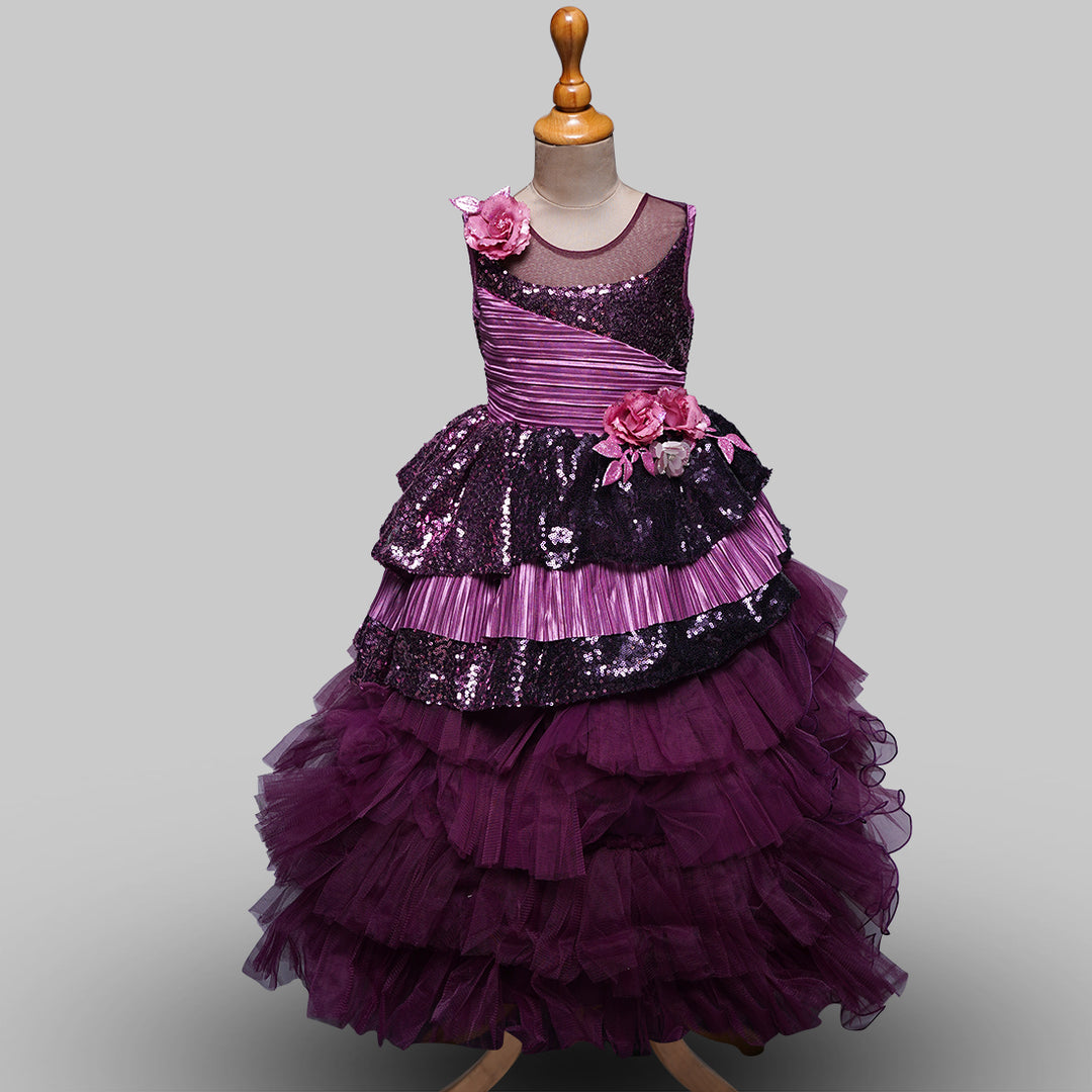 Wine Layered Party Gown for Girls Front View