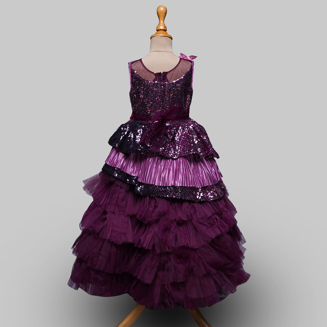 Wine Layered Party Gown for Girls  Back View