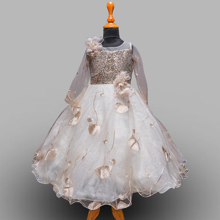 Cream & Golden Sequin Girls Gown Front View