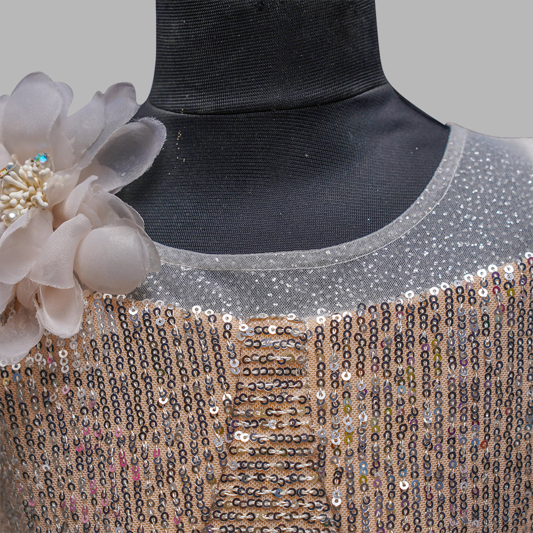 Cream & Golden Sequin Girls Gown Close Up View