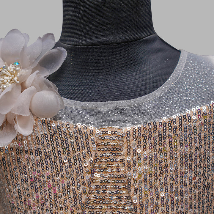 Cream & Golden Sequin Girls Gown Close Up View