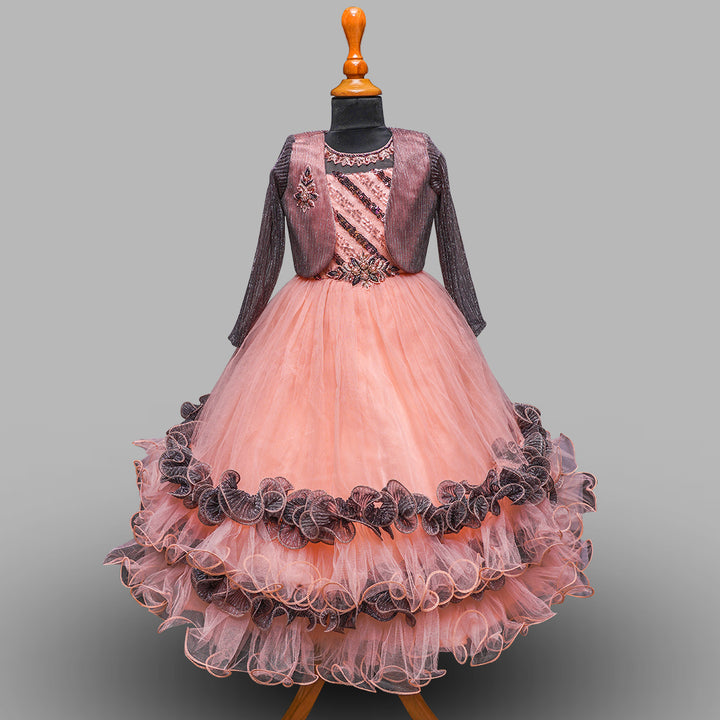 Peach Net Gown for Girls with Jacket Front View