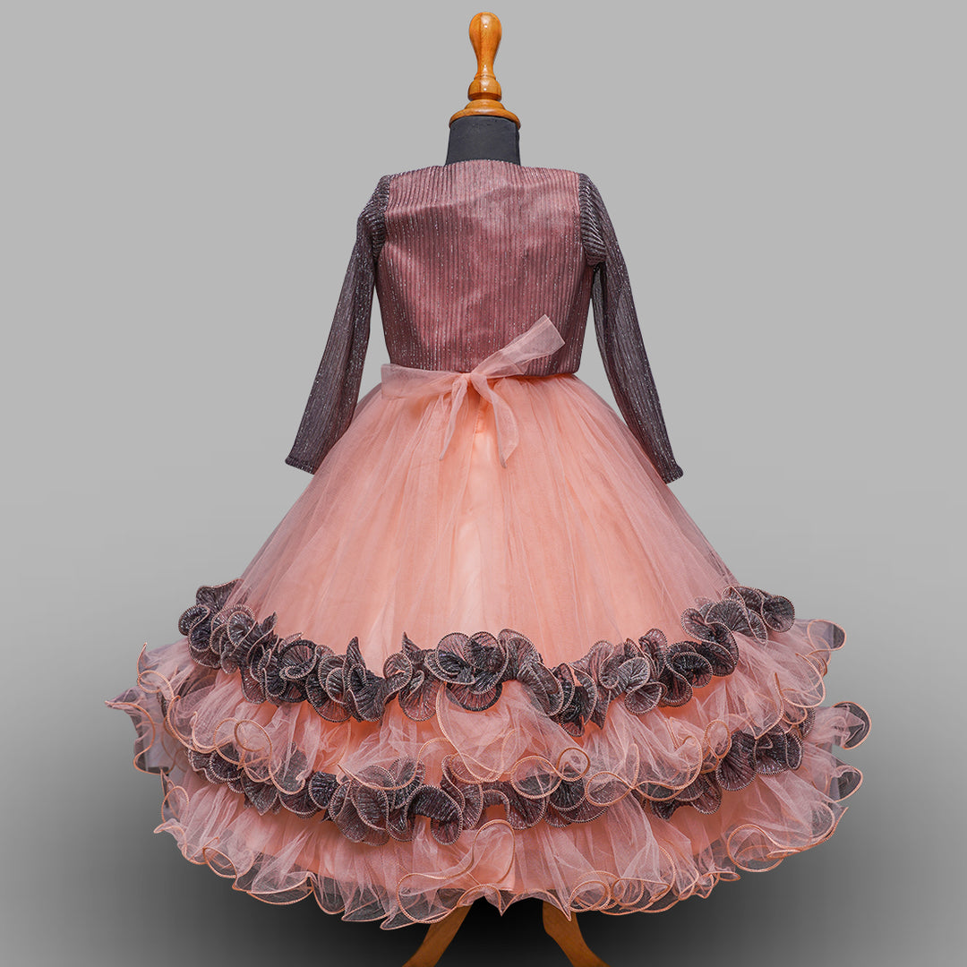 Peach Net Gown for Girls with Jacket Back View