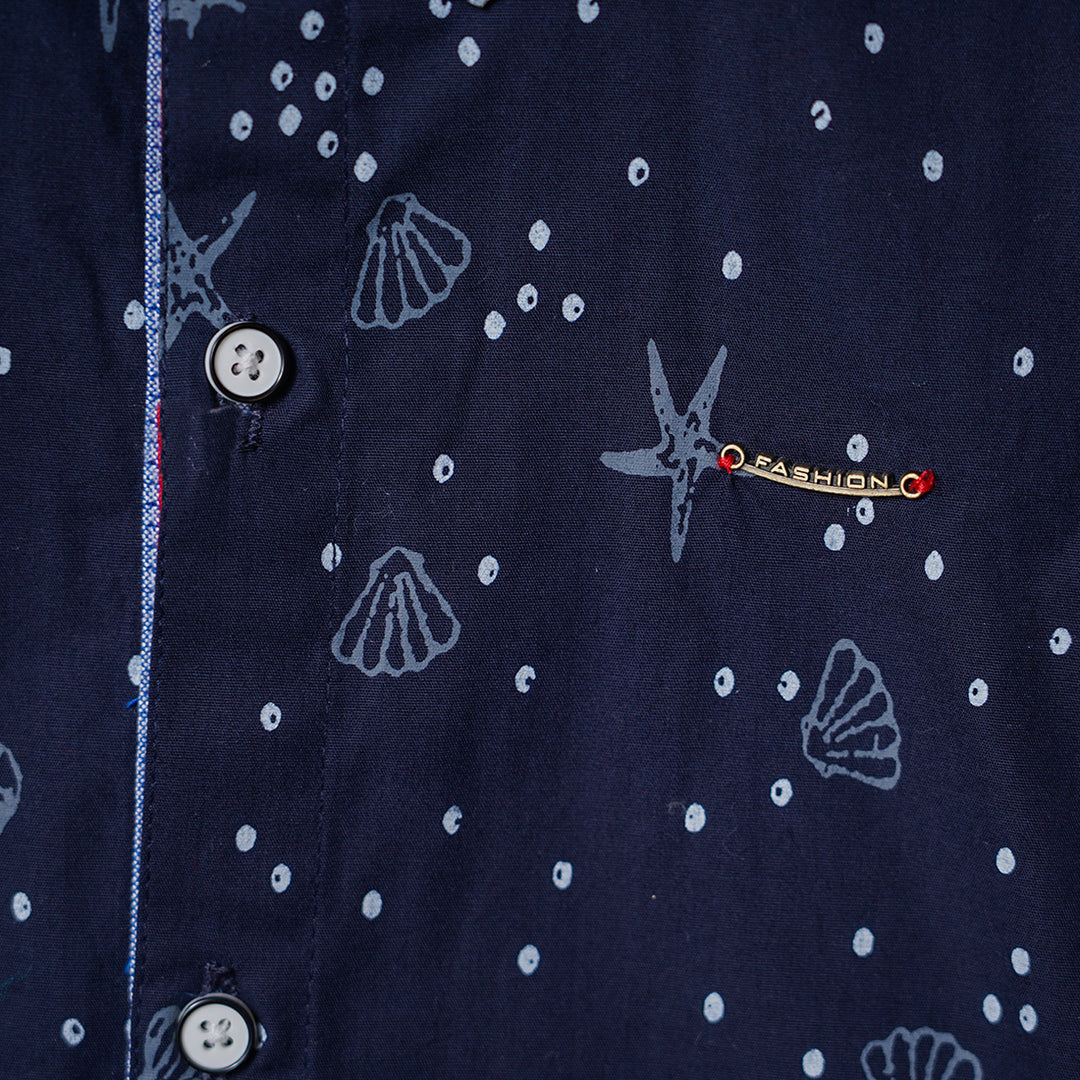 Blue Sea Creatures Printed Shirt for Boys Close Up View