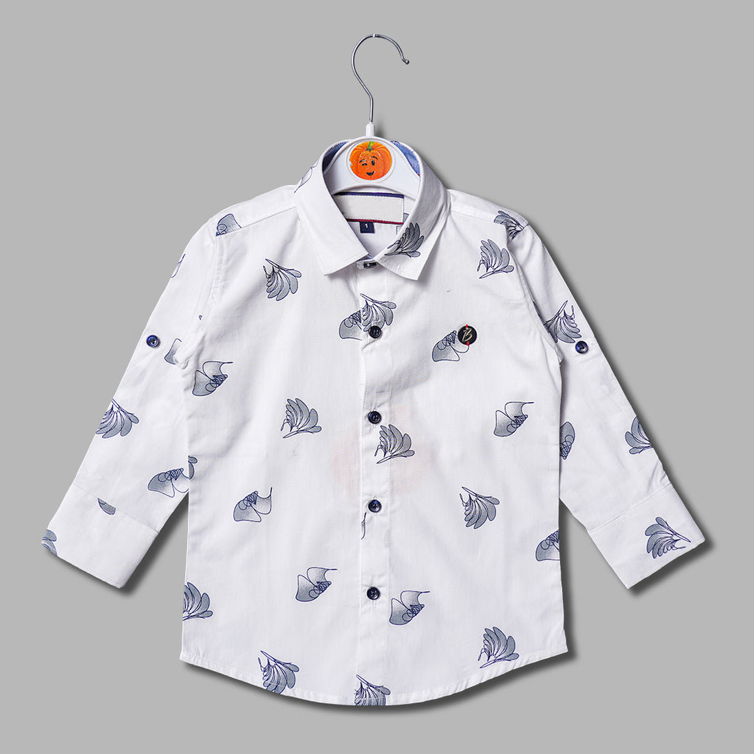 White Leaf Pattern Print Full Sleeves Shirt for Boys Front View