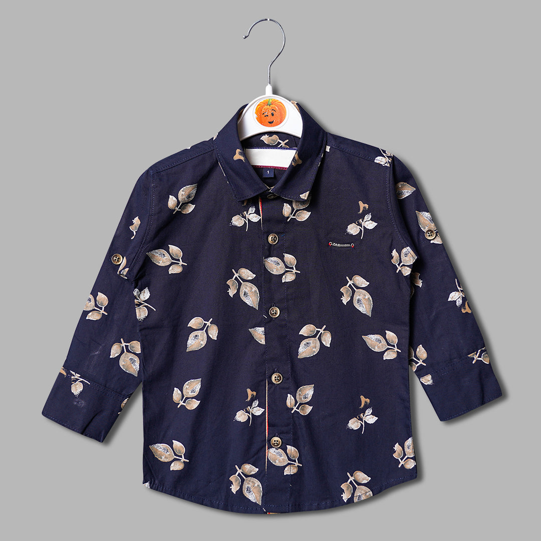 Solid Blue Leaf Printed Shirt for Boys Variant Front View