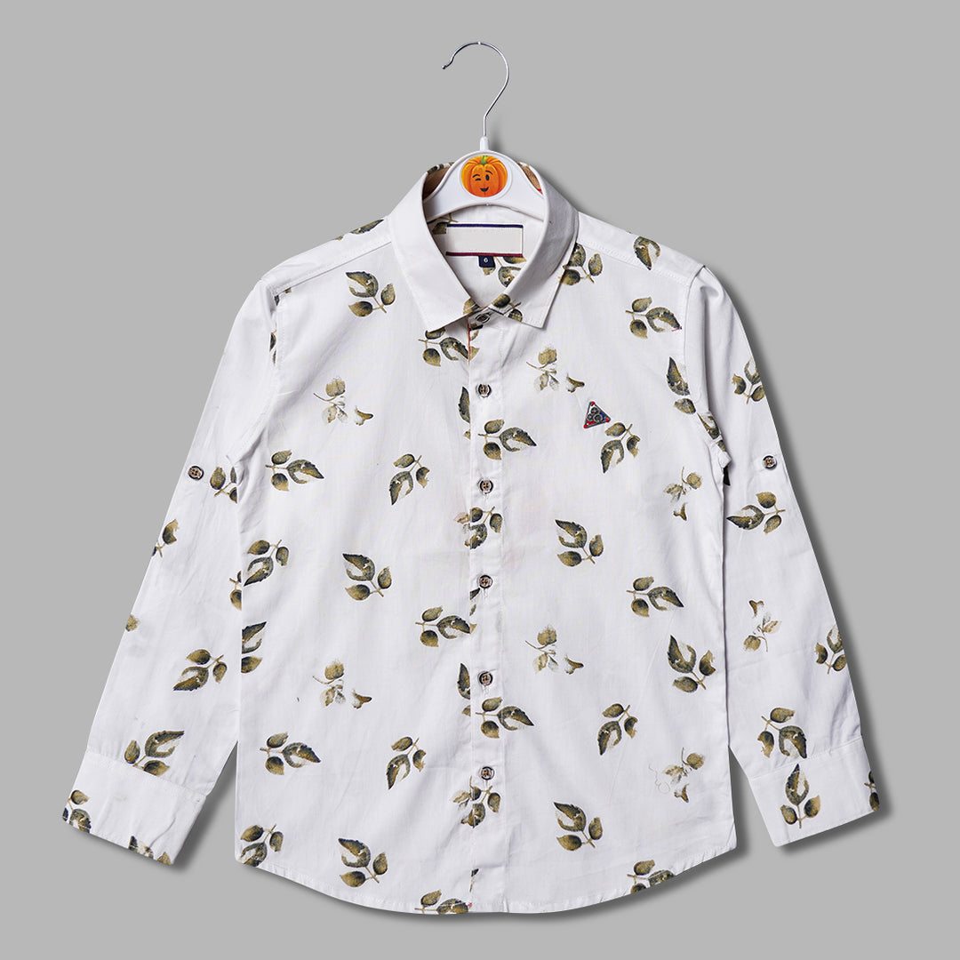 Solid White Leaf Printed Shirt for Boys Variant Front View