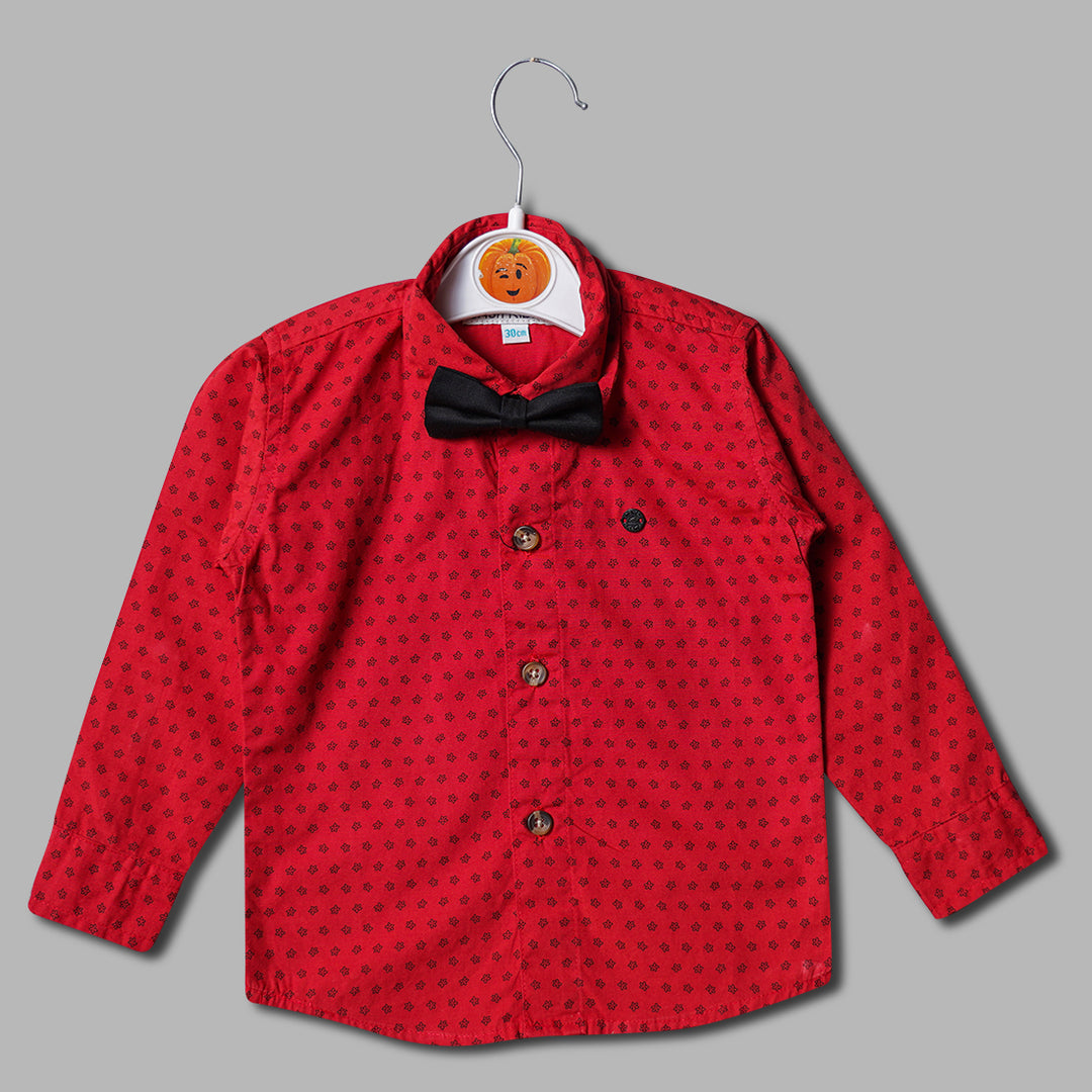 Red Flower Print Bow Attached Shirt for Boys Front View