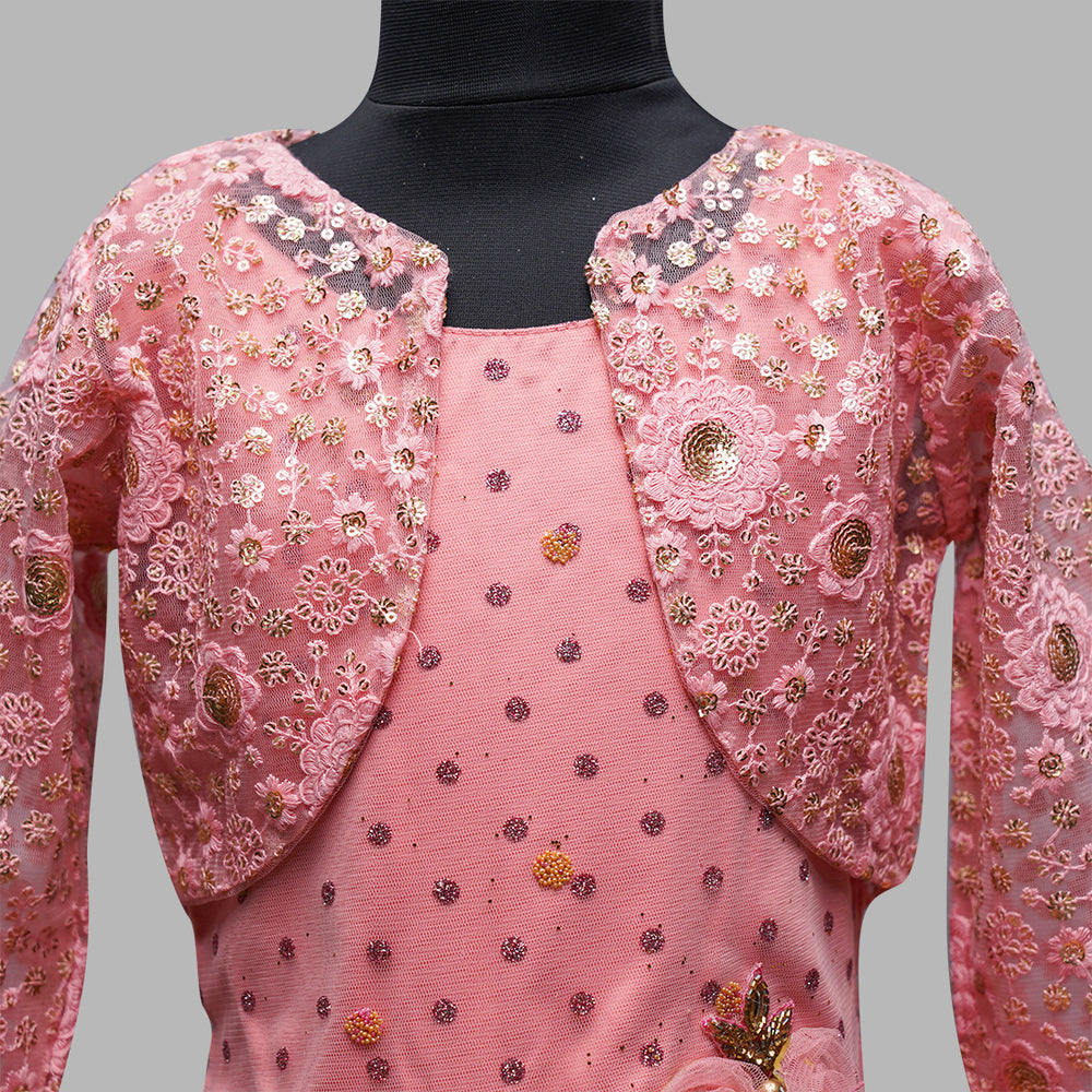 Peach Color Long Kids Gown Close Up View