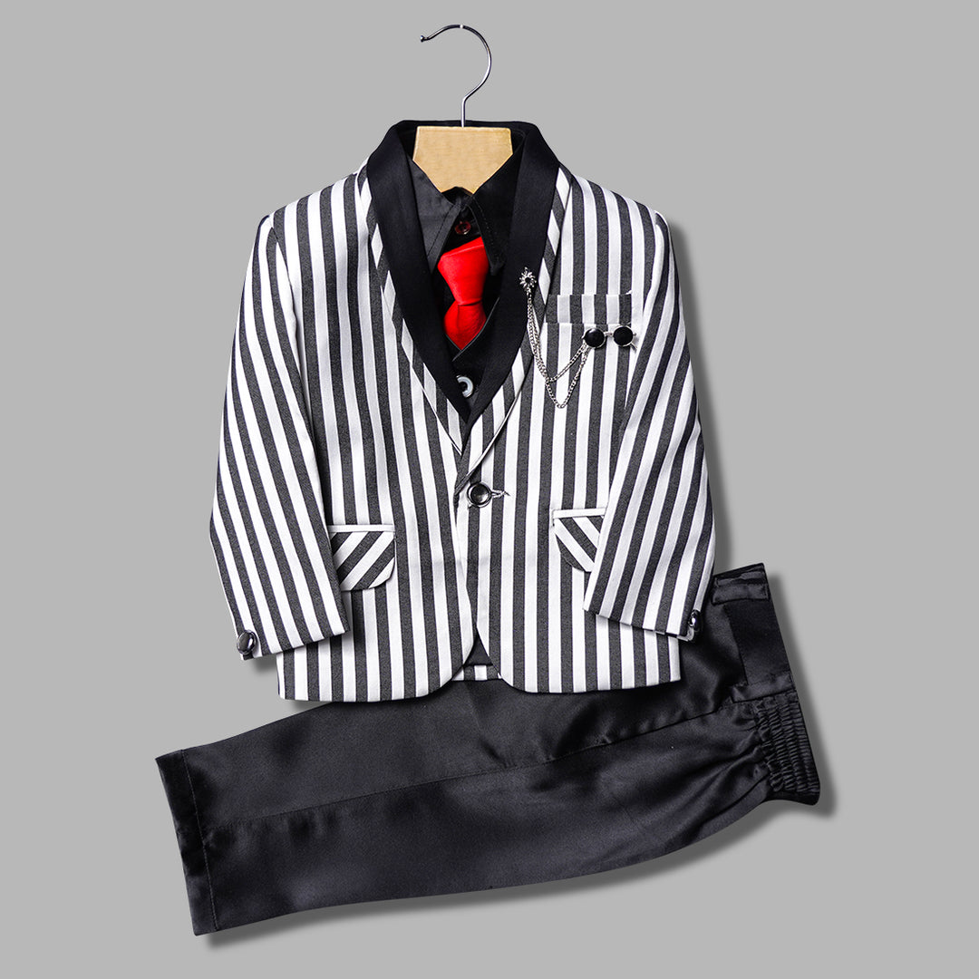 Black & White Striped Party Wear Boys Suit Front View