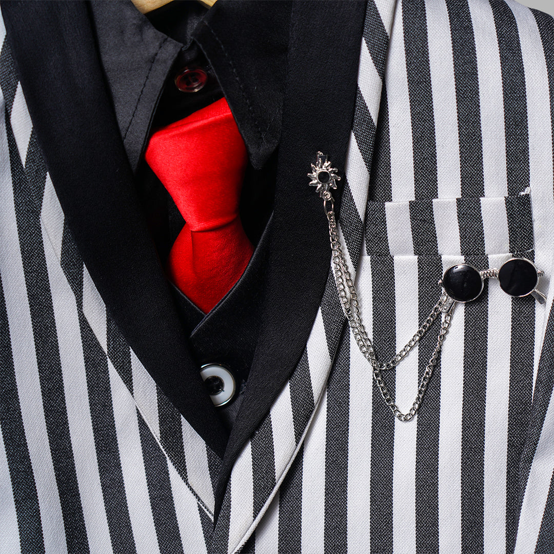 Black & White Striped Party Wear Boys Suit Close Up View