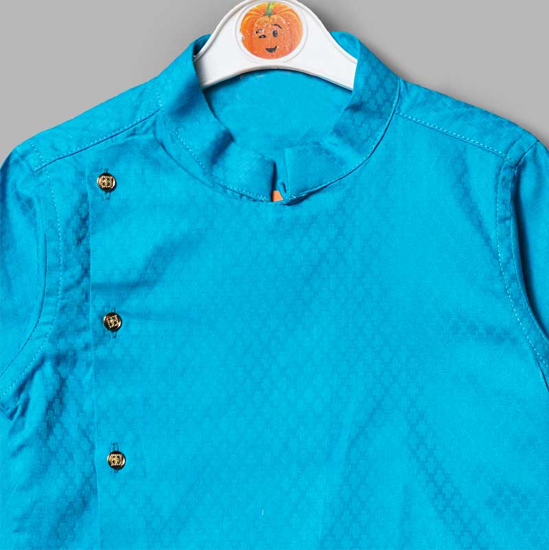 Blue Angrakha Pattern Boys Kurta Pajama Close Up View