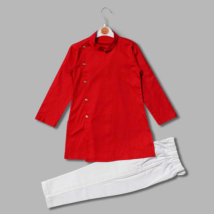 Red Angrakha Pattern Boys Kurta Pajama Front View