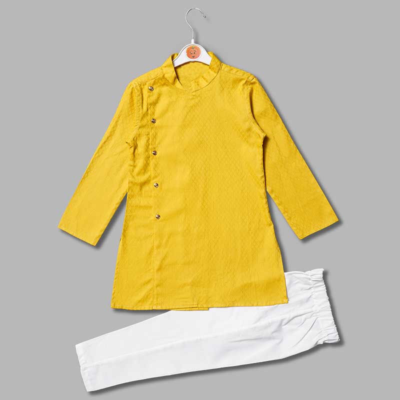 Yellow Angrakha Pattern Boys Kurta Pajama Front View