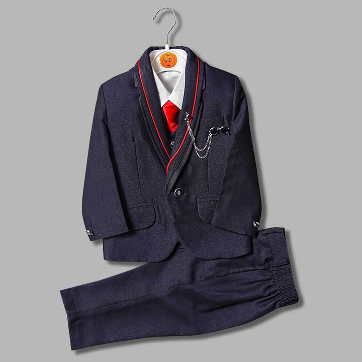 Blue Party Wear Boys Suit with Red Tie Front View