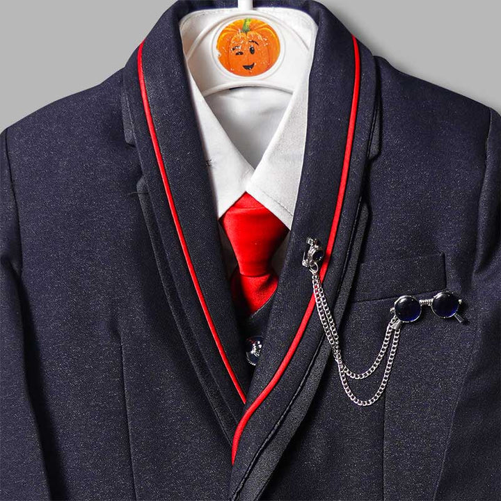 Blue Party Wear Boys Suit with Red Tie Close Up View