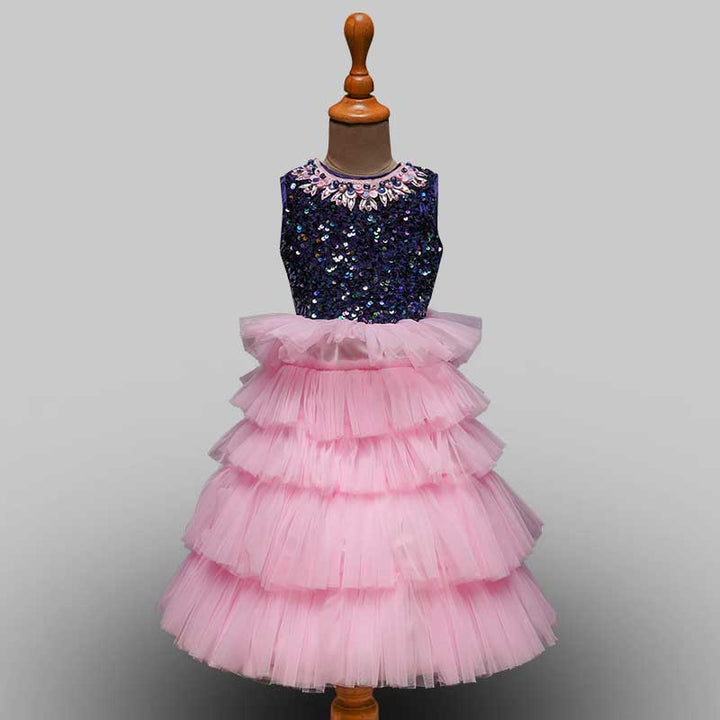 Pink Sequin Layered Gown for Girls Front View