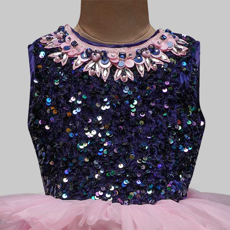 Pink Sequin Layered Gown for Girls Close Up View