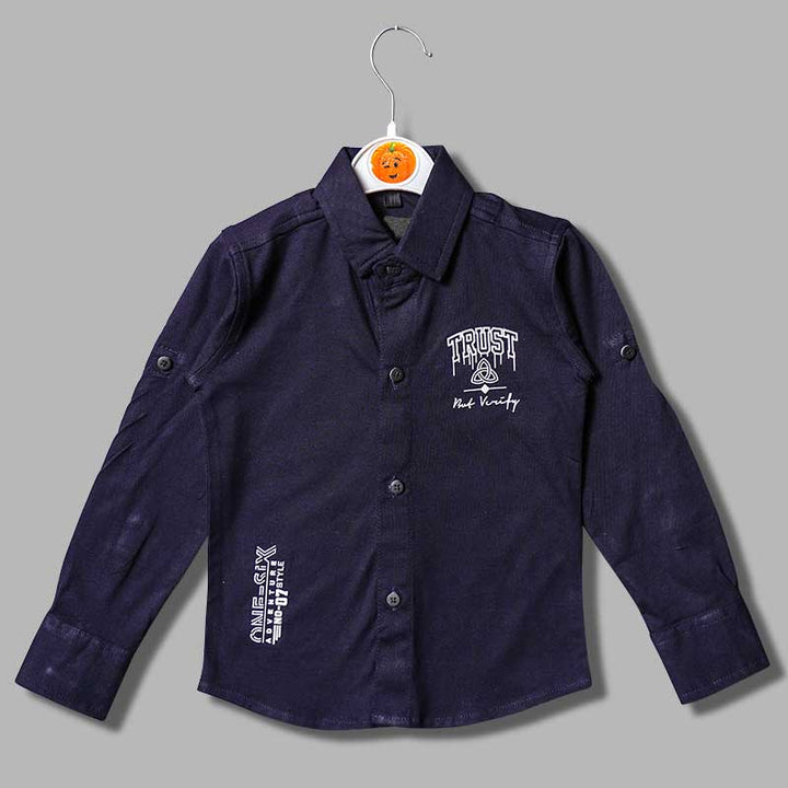Solid Blue Print Full Sleeves Shirt for Boys Variant Front View