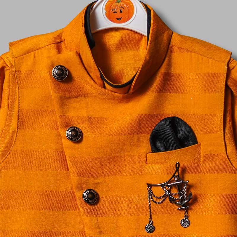 Mustard & Red Kurta Pajama for Boys with Jacket Close Up View 