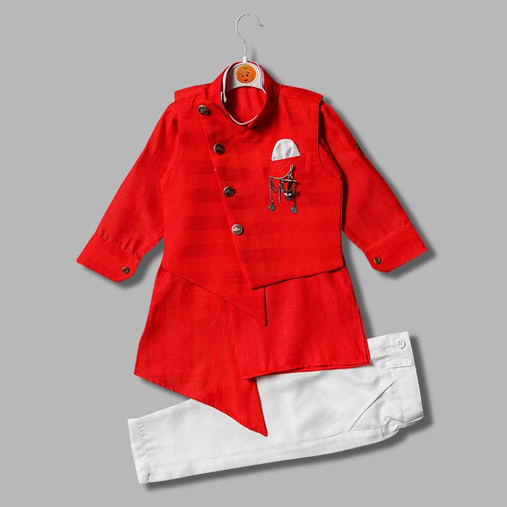 Mustard & Red Kurta Pajama for Boys with Jacket Variant Front View 