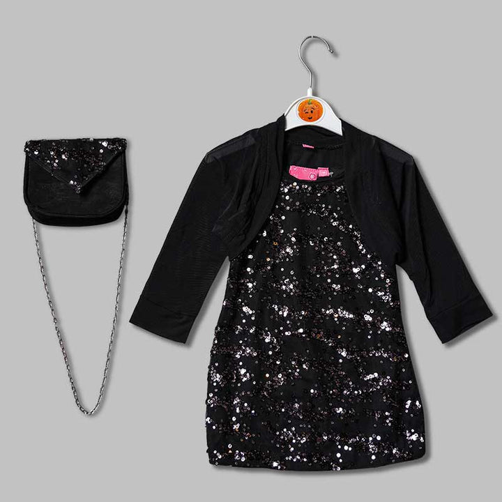 Black Girls Midi With An Elegant Sequin Shrug & Purse Front View