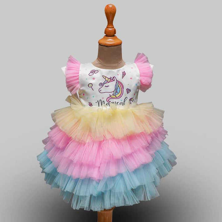 Unicorn Frock For Girls And Kids With Layered Pattern GS177185Multi