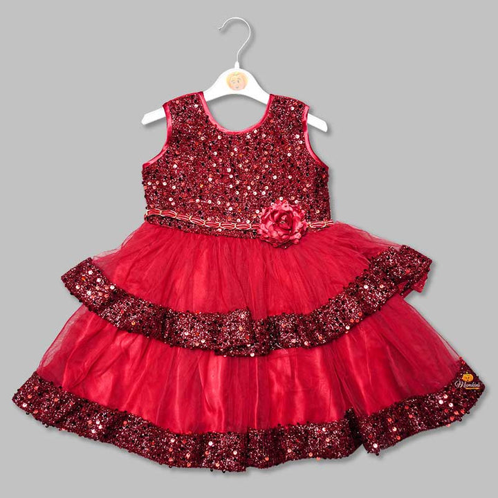 Red Net Frock for Girls with Sequins Work Front View