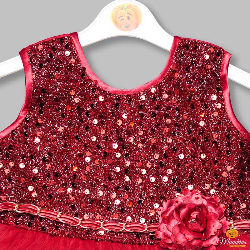 Red Net Frock for Girls with Sequins Work Close Up View