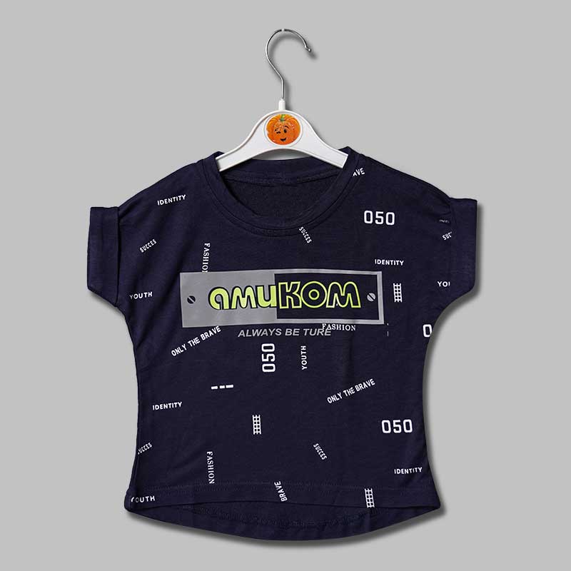 Top For Girls And Kids With Calligraphic Print GU132446Navy Blue
