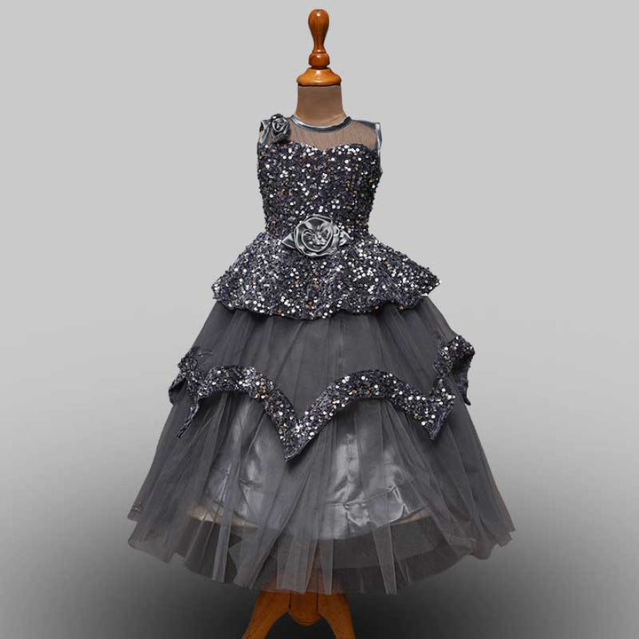 Grey Sequin Gown for Girls Front View