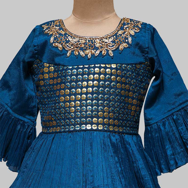 Turquoise & Mustard Gown for Girls Close Up View 