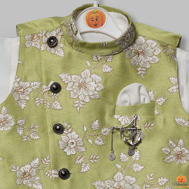 Boys Kurta Pajama with Green Nehru Jacket Close Up View