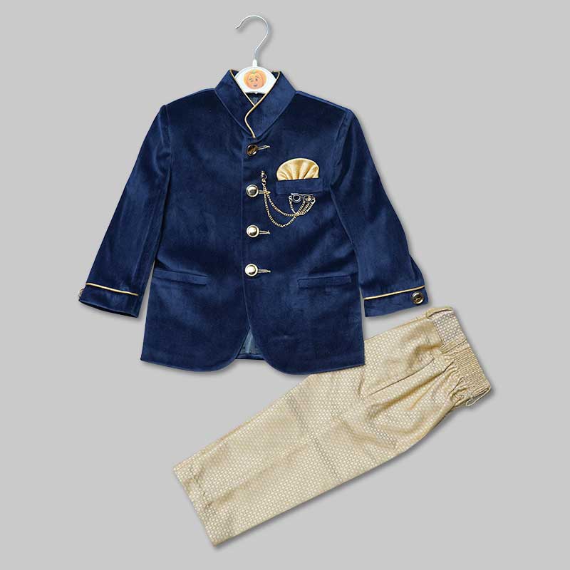Navy Blue Velvet Jodhpuri Suit for Boys Front View