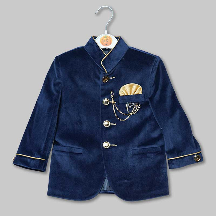 Navy Blue Velvet Jodhpuri Suit for Boys Top View
